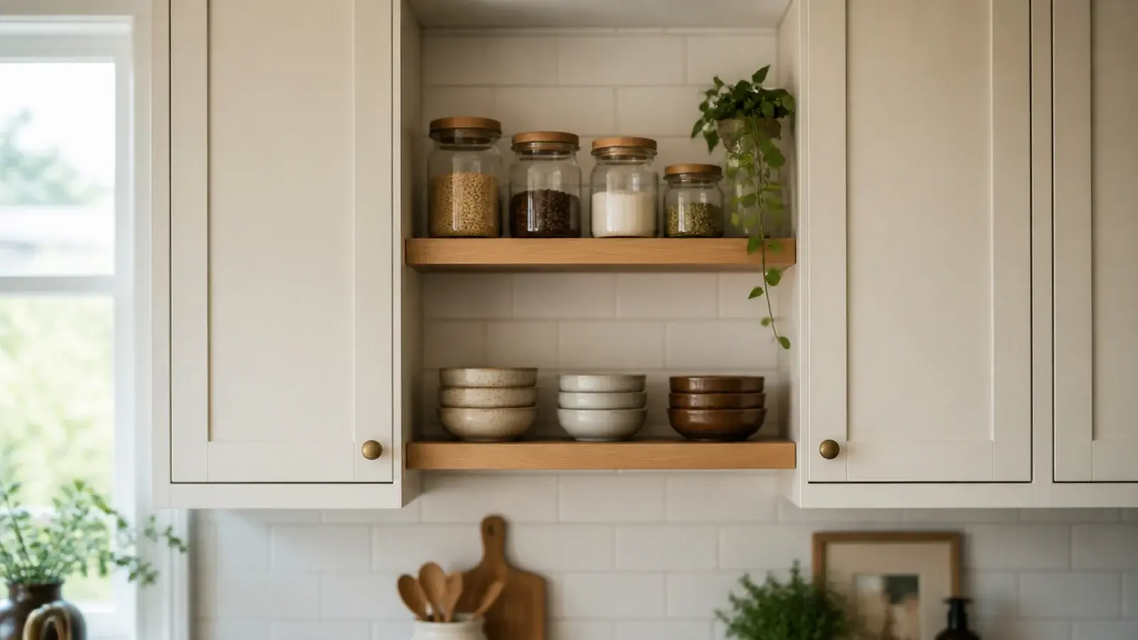 short shelves filling the open gap between two kitchen wall cabinets