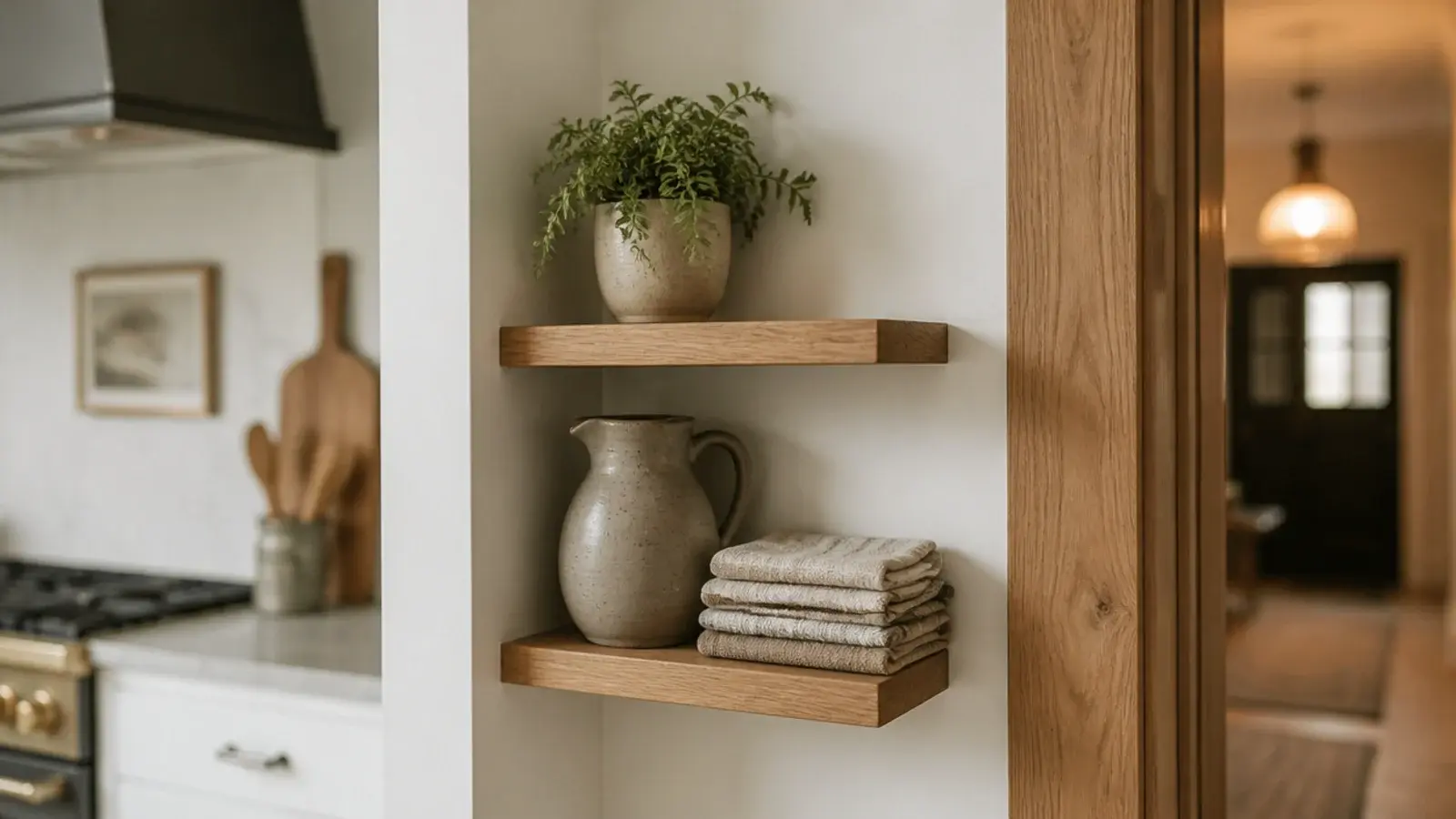 narrow shelf on the short return wall beside a kitchen doorway