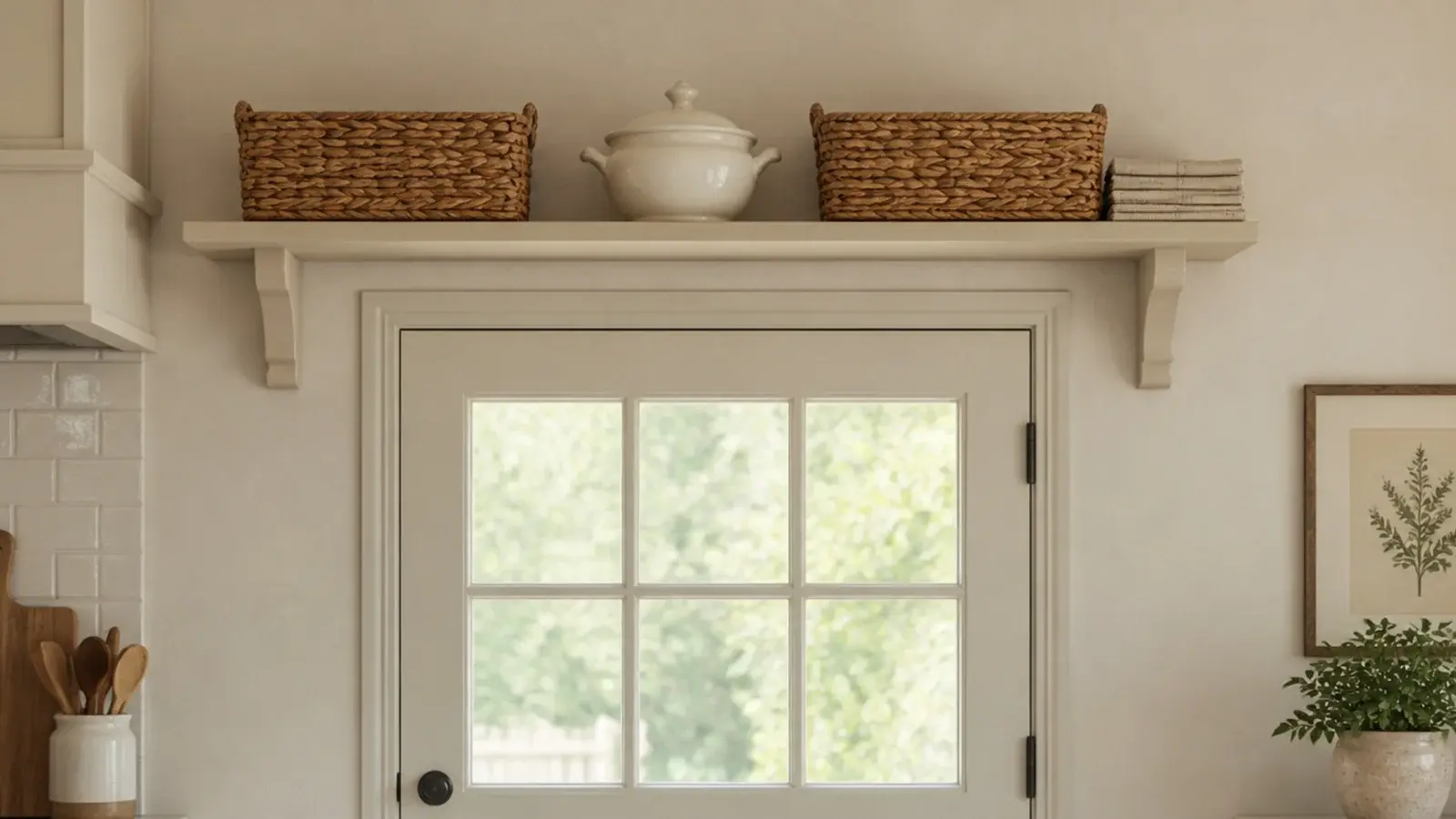 shelf mounted above a kitchen back door holding baskets and tins