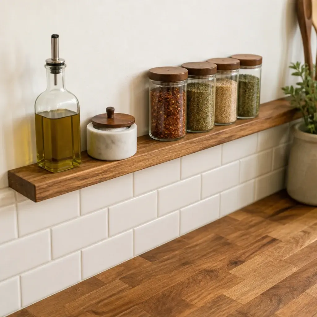 slim ledge fitted just above a kitchen backsplash tile line with oils