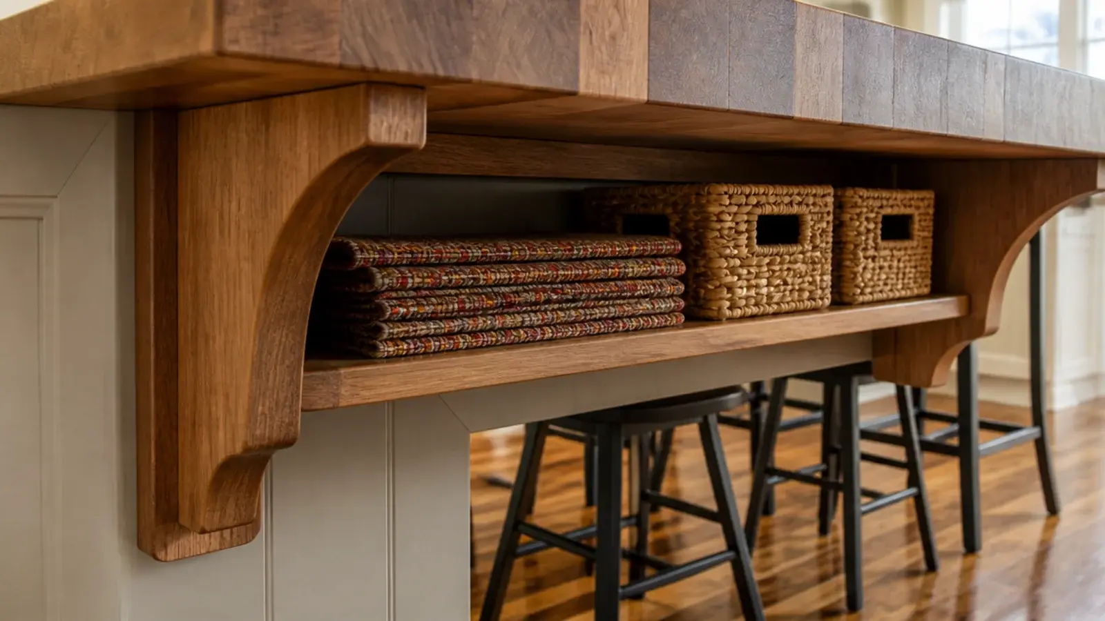 small shelf fitted beneath the overhang of a kitchen breakfast bar