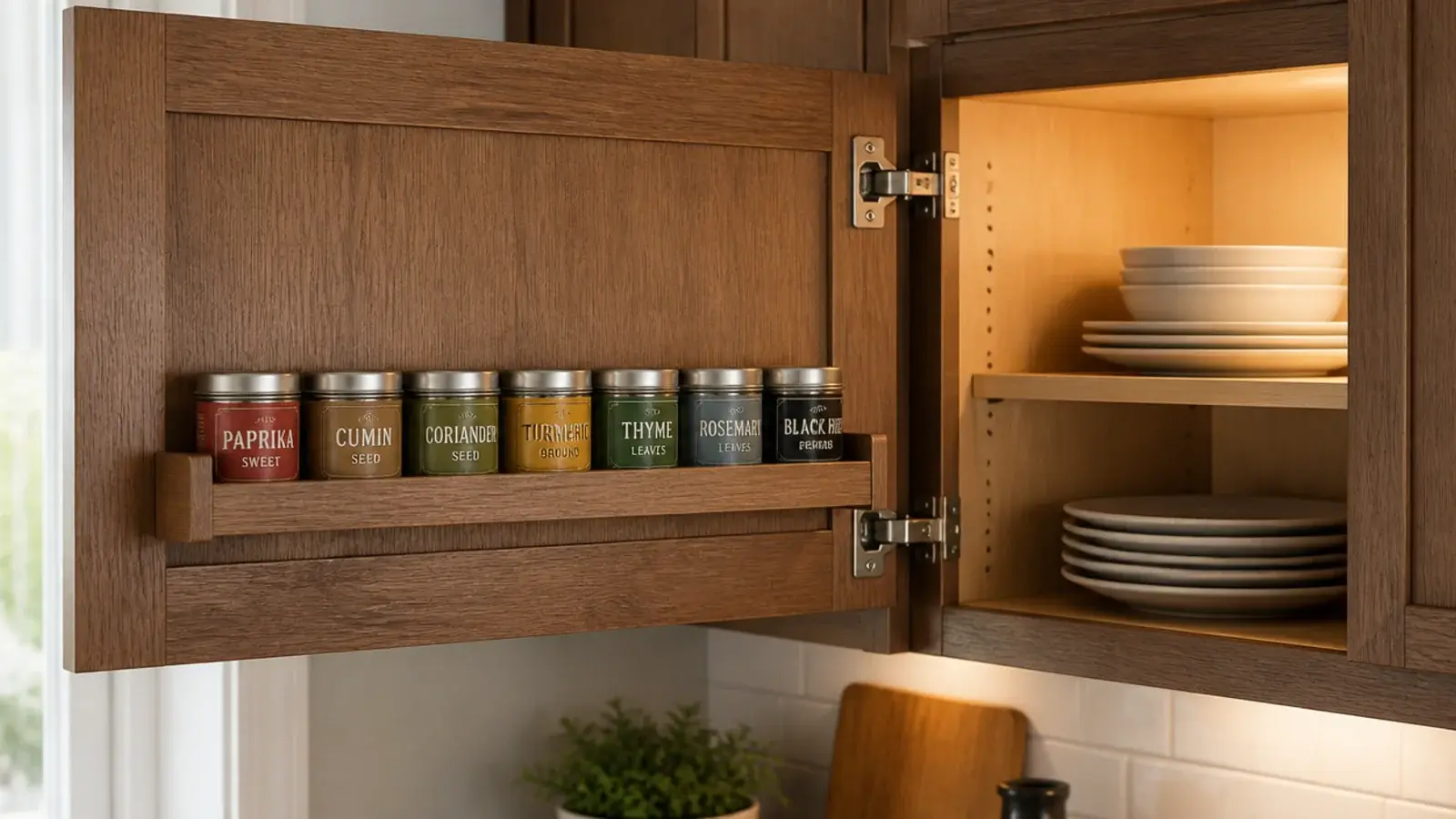 shallow shelf fitted to the inside face of a kitchen cabinet door