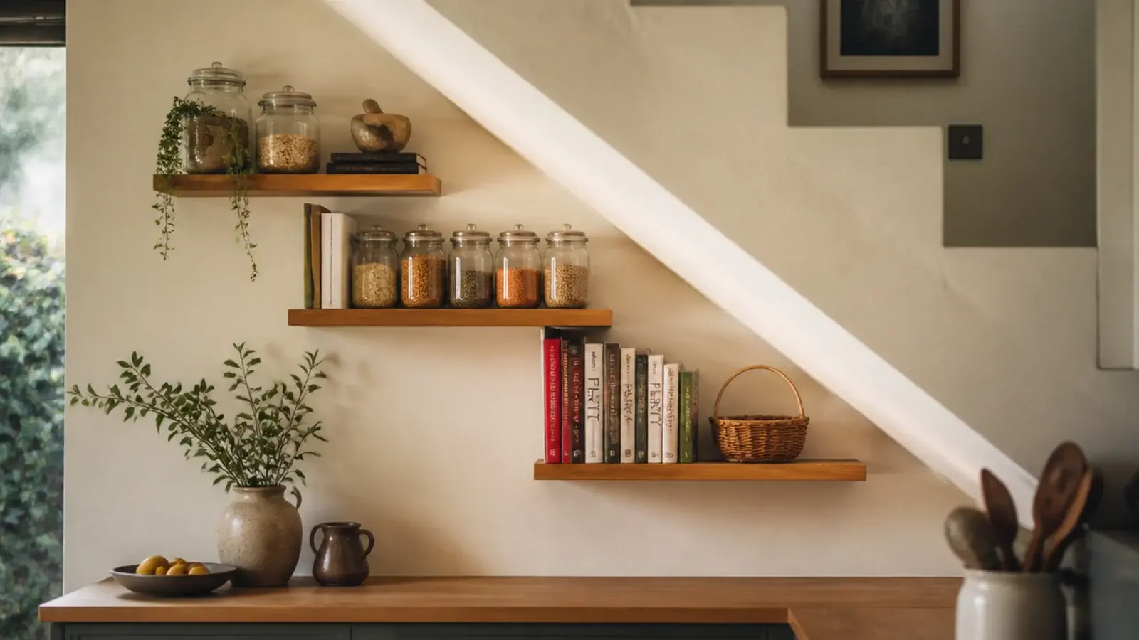 stepped kitchen shelves following the underside of a staircase bulkhead