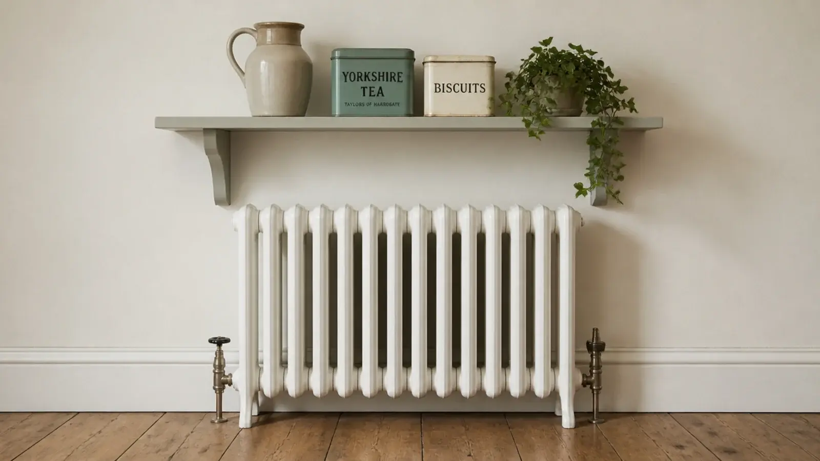 kitchen shelf mounted above a radiator with clear space beneath it