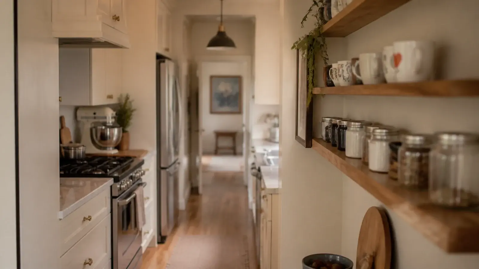 shallow half depth kitchen shelves keeping a narrow galley walkway clear