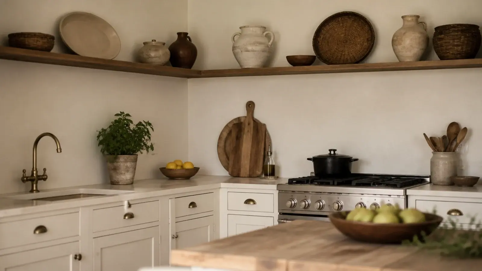 single high shelf running around a small kitchen above head height