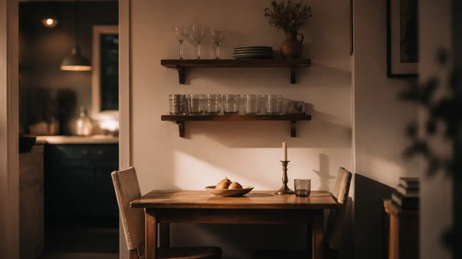 two kitchen shelves above a small dining table against a wall