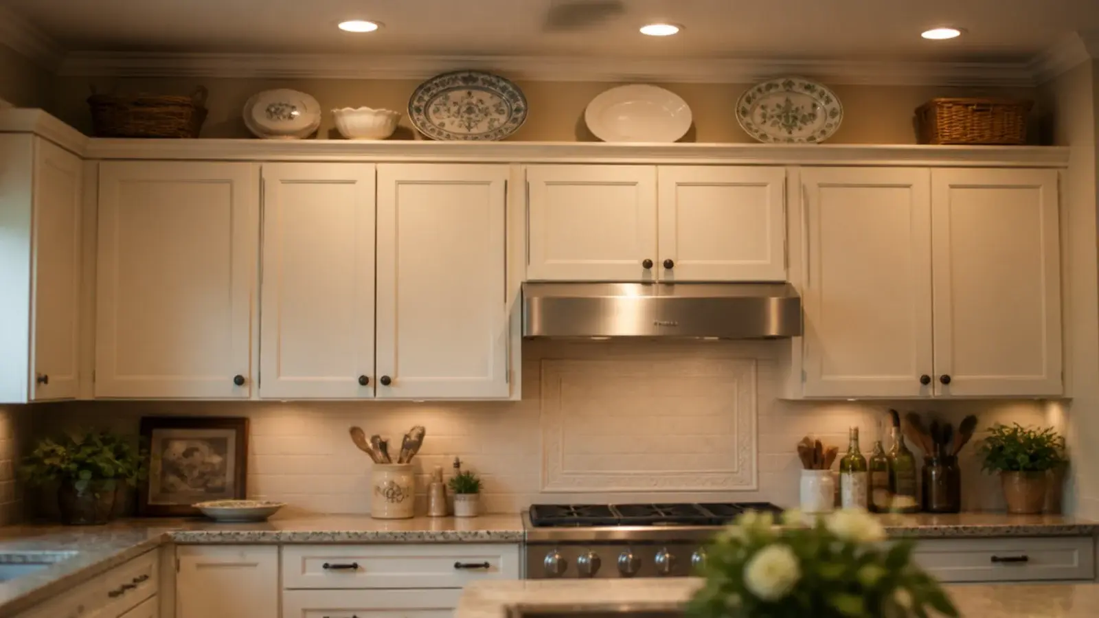shelf added in the gap between kitchen wall cabinets and the ceiling