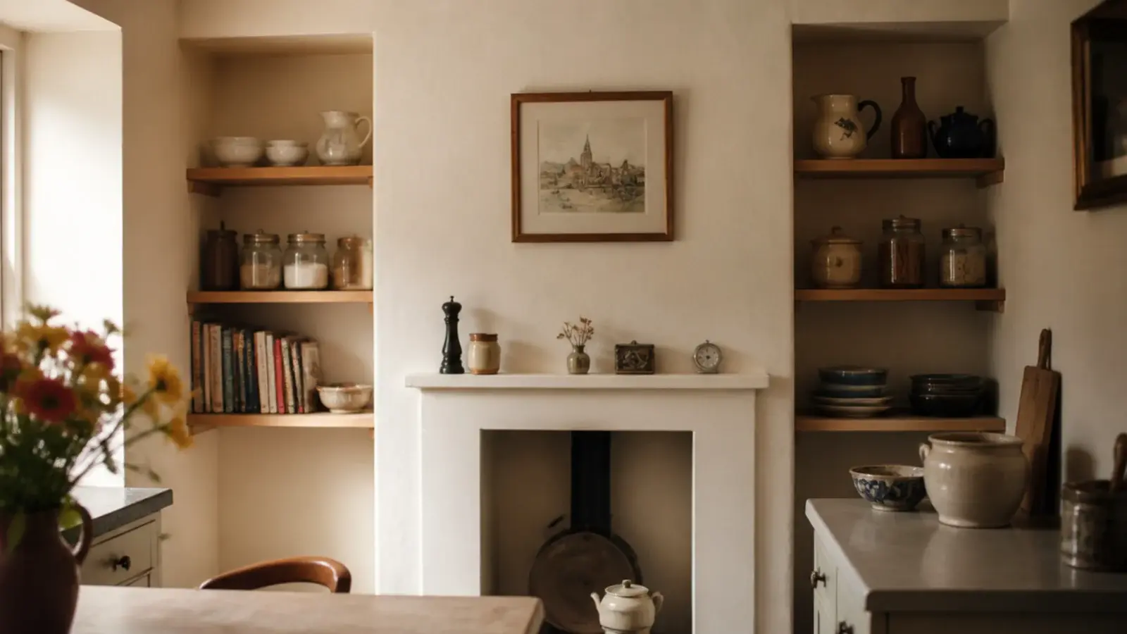 kitchen alcove shelves fitted either side of an old chimney breast