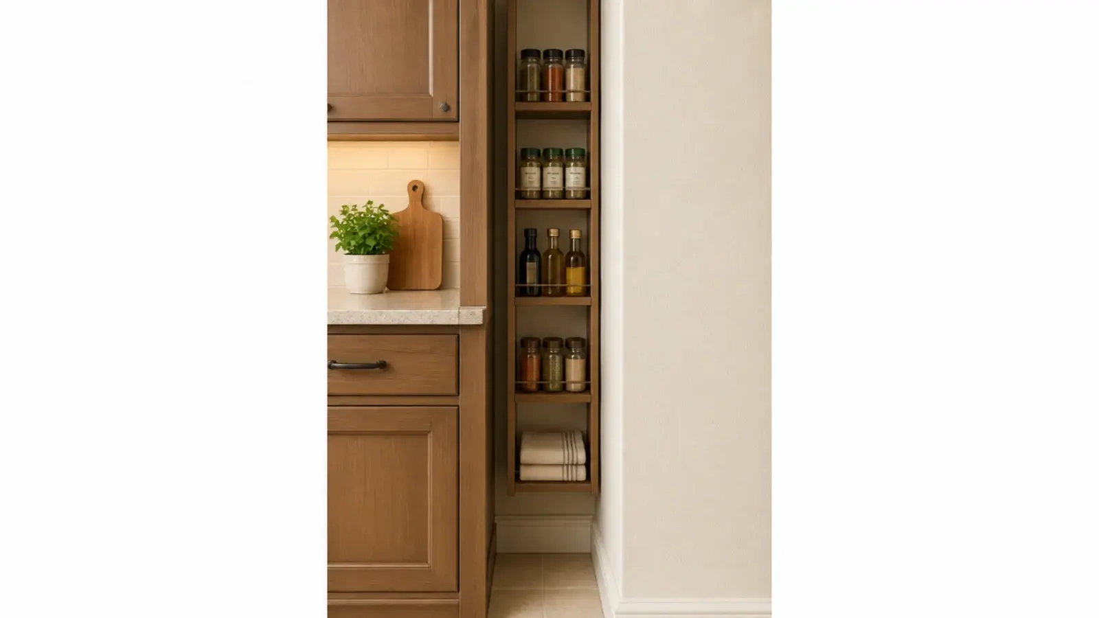 five slim shelves stacked vertically in a ten inch kitchen wall gap
