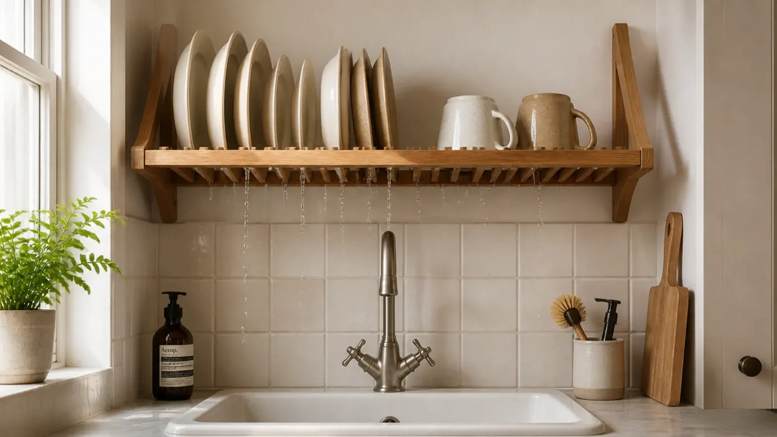 slatted drying shelf mounted above a small kitchen sink holding dishes