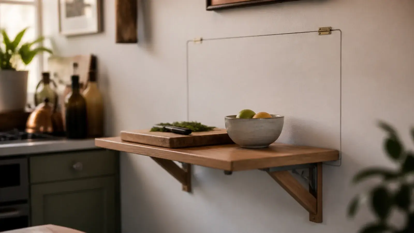 hinged fold down kitchen shelf dropped open as extra work surface