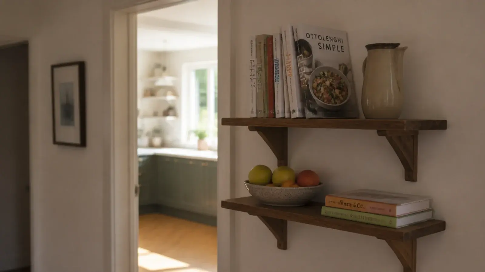 kitchen overflow shelves fitted on the hallway wall beside the doorway