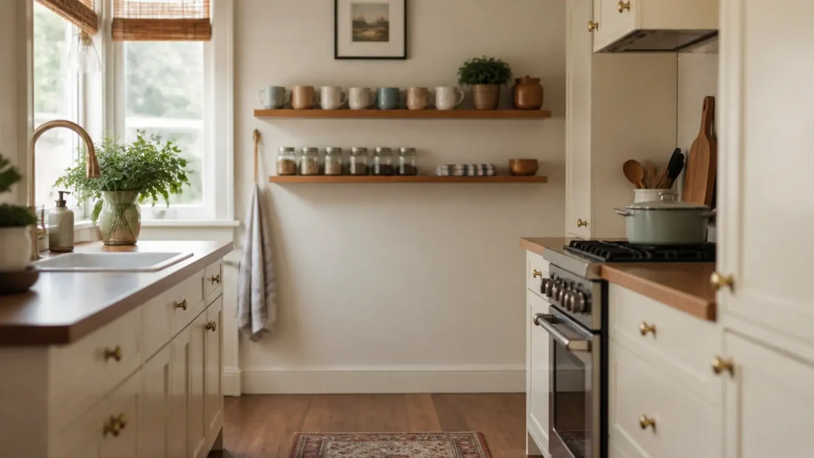 small kitchen with narrow shelves finding storage on every spare strip of wall