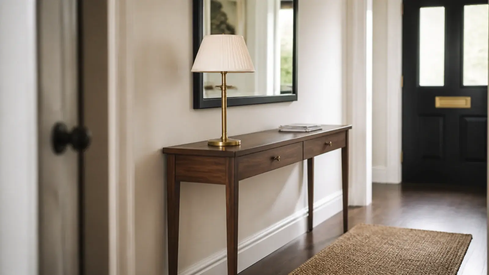 rectangular mirror centred above a narrow entryway console table
