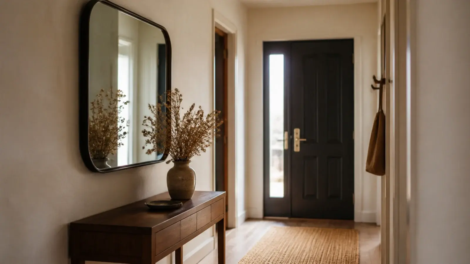 entry mirror positioned on the side wall catching light from a sidelight