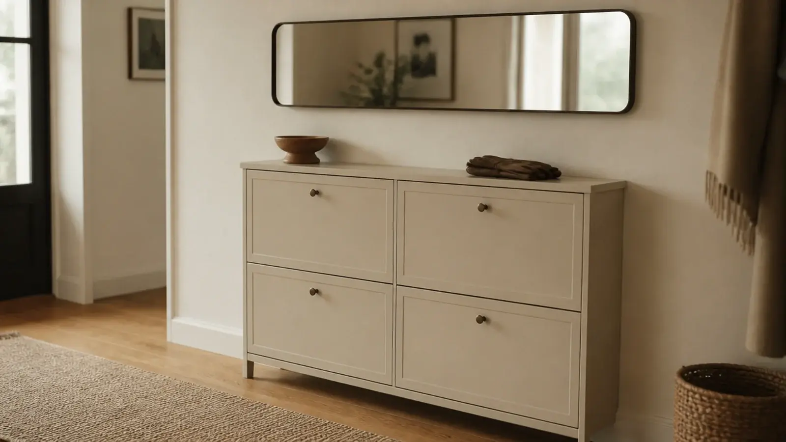 wide low mirror hung above a slim entryway shoe cabinet