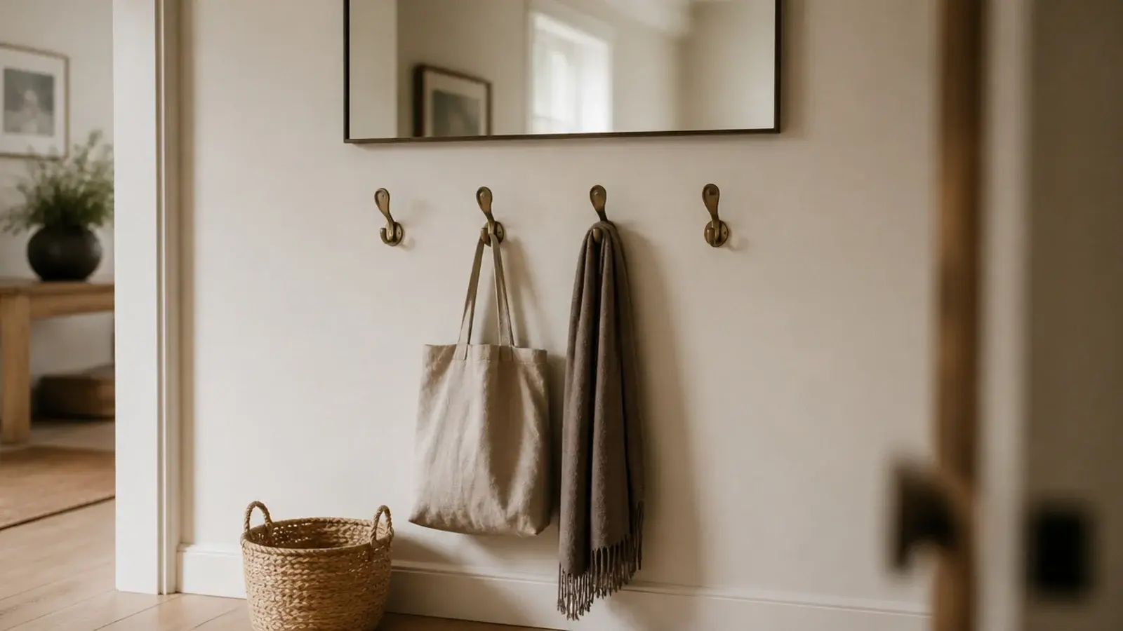 row of brass hooks mounted below an entryway wall mirror