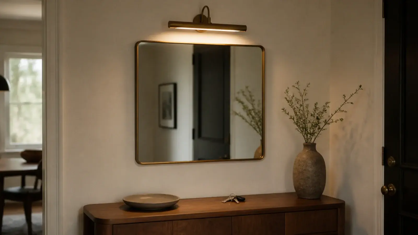 slim brass picture light mounted above an entryway wall mirror