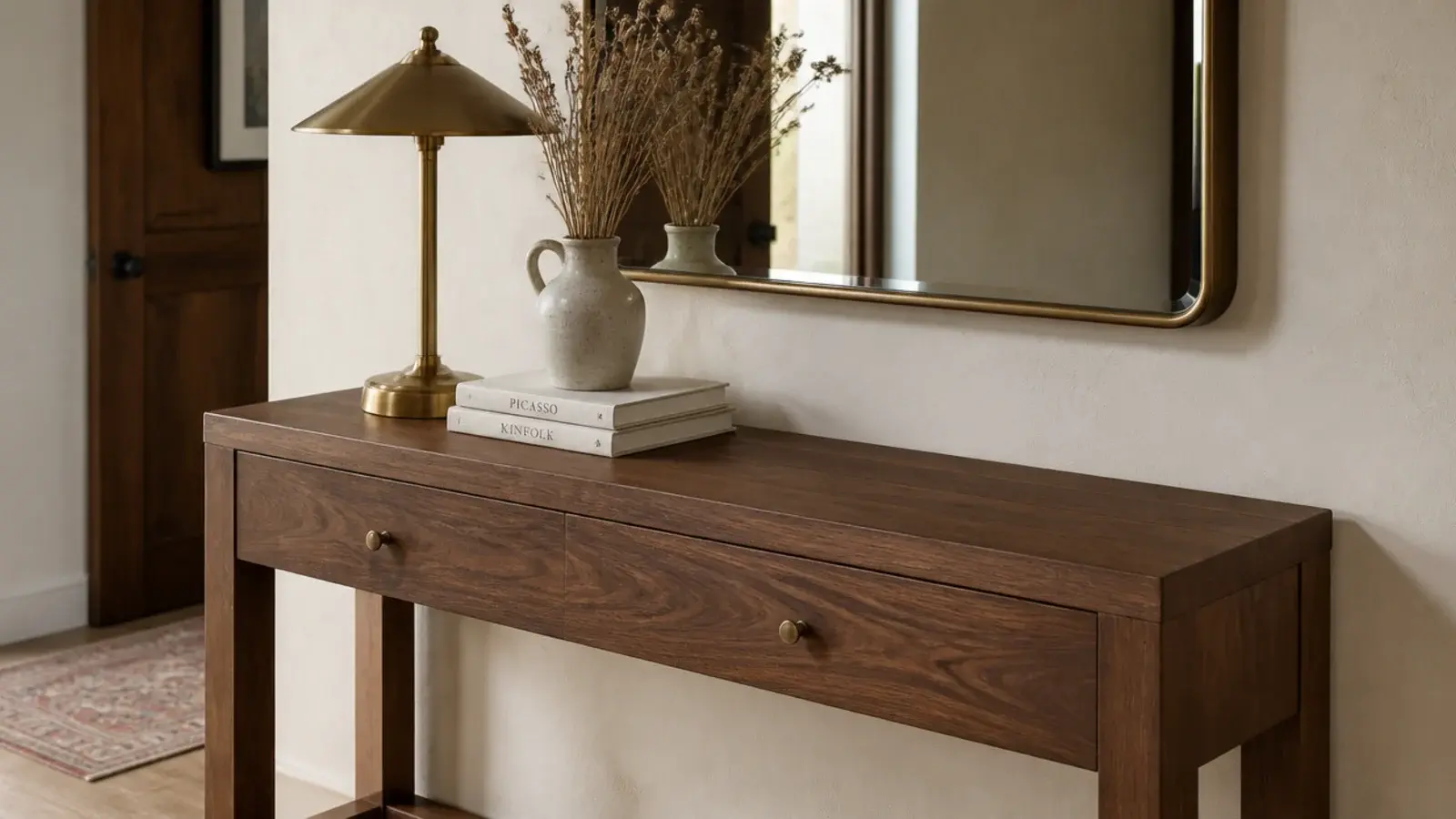 entry console styled with lamp books and dried stems below a mirror