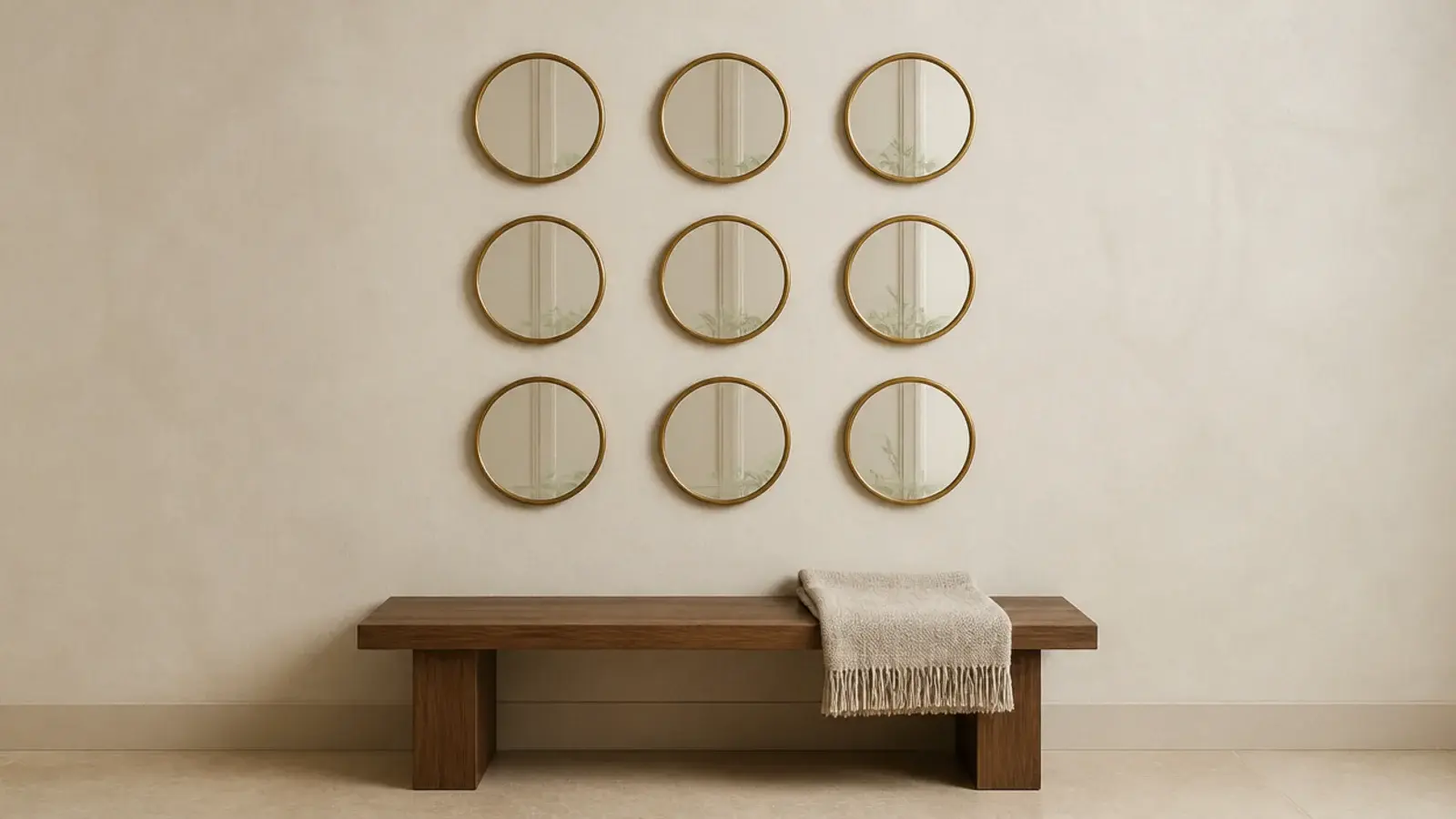 nine identical round mirrors arranged in a tight three by three grid