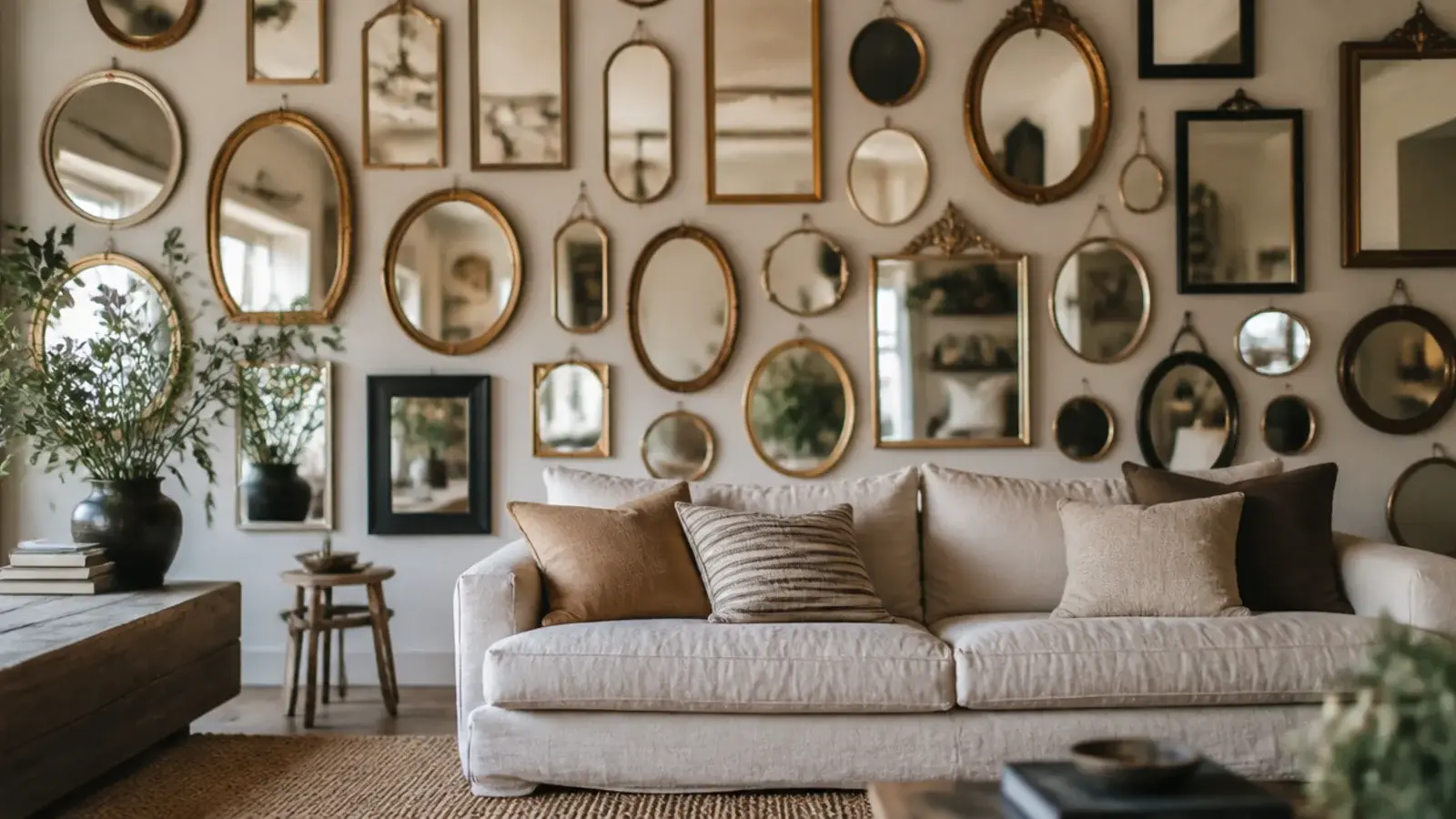 dense salon style mirror cluster covering a whole wall irregularly