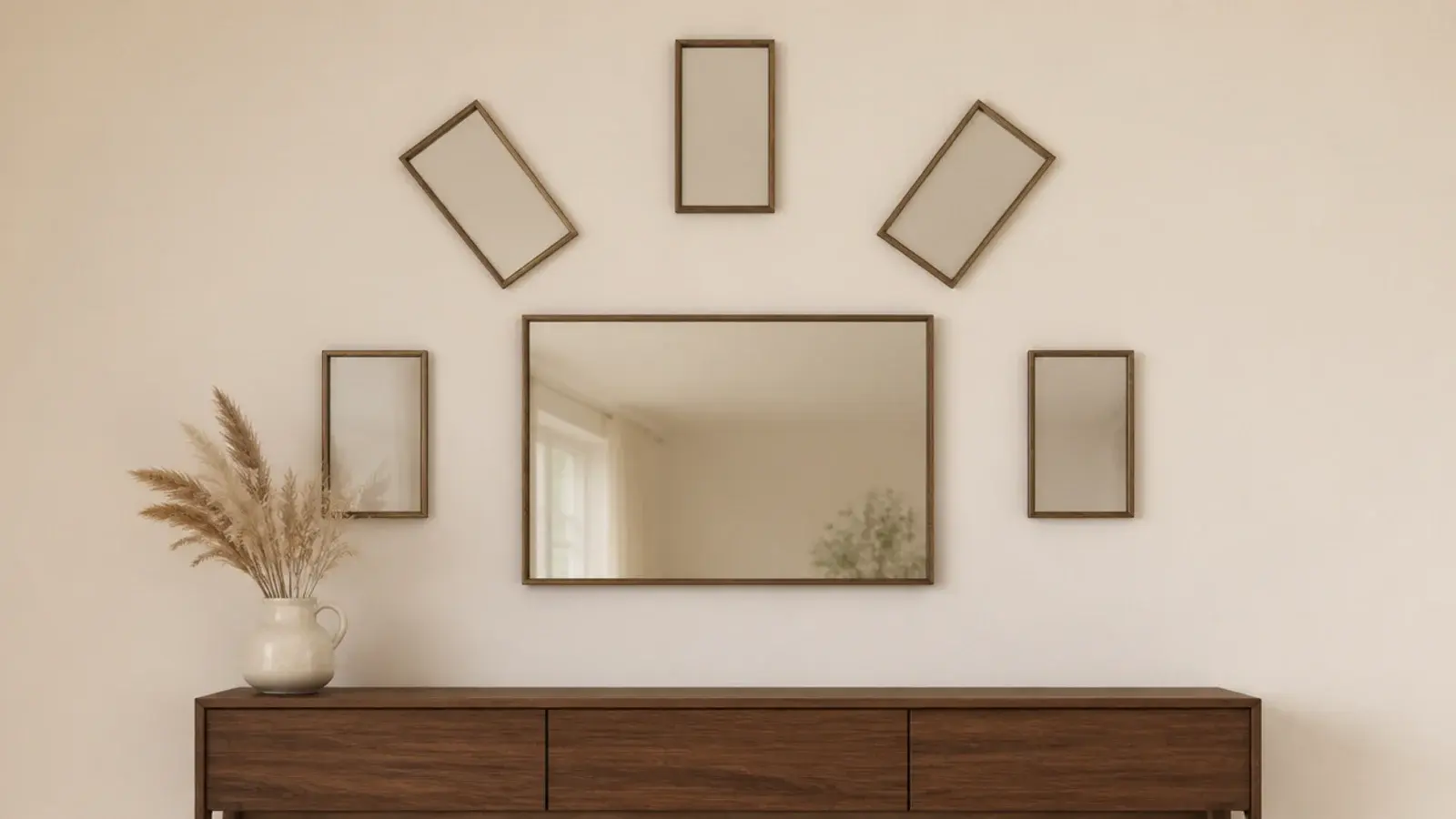 large central mirror surrounded by smaller satellite mirrors on a wall