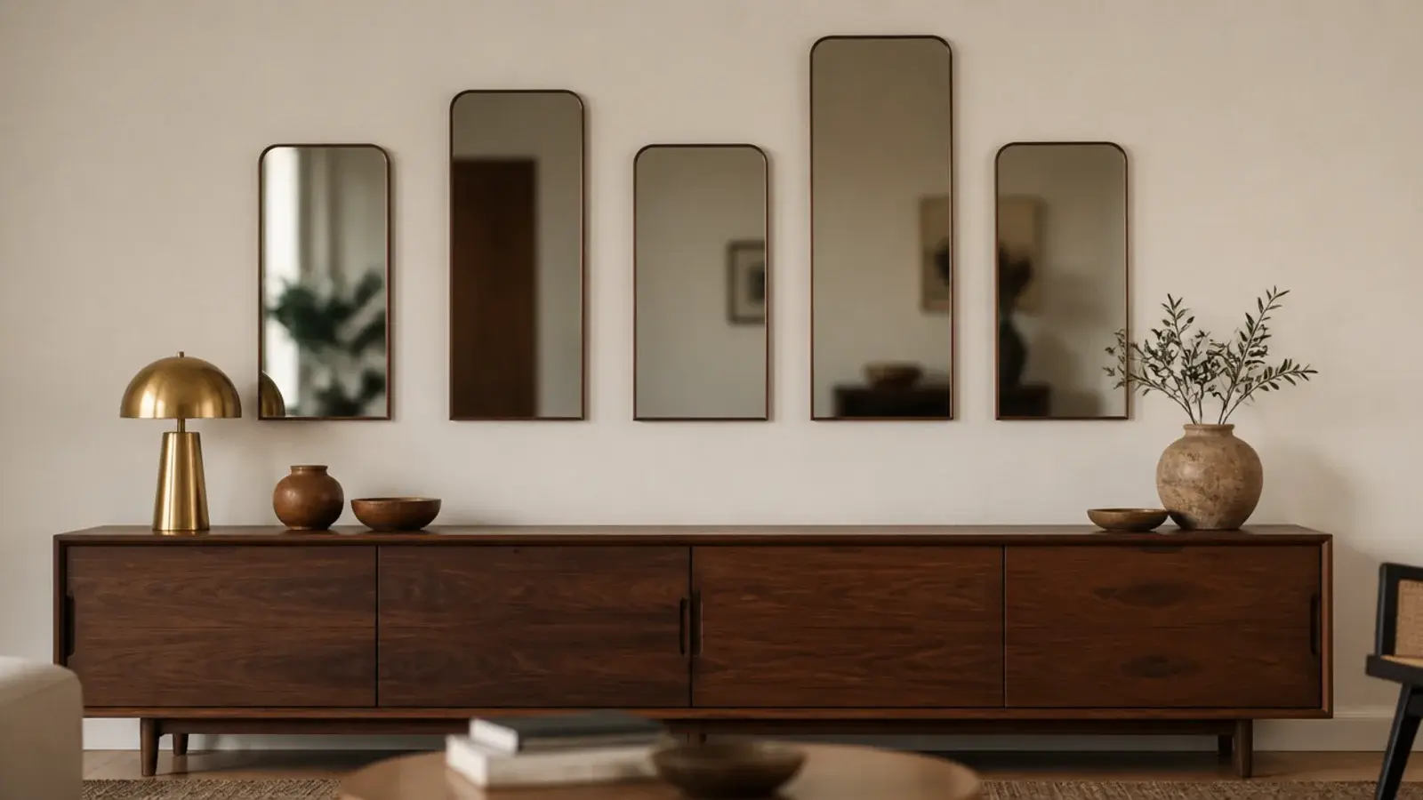 row of mirrors in a level horizontal band above a long credenza
