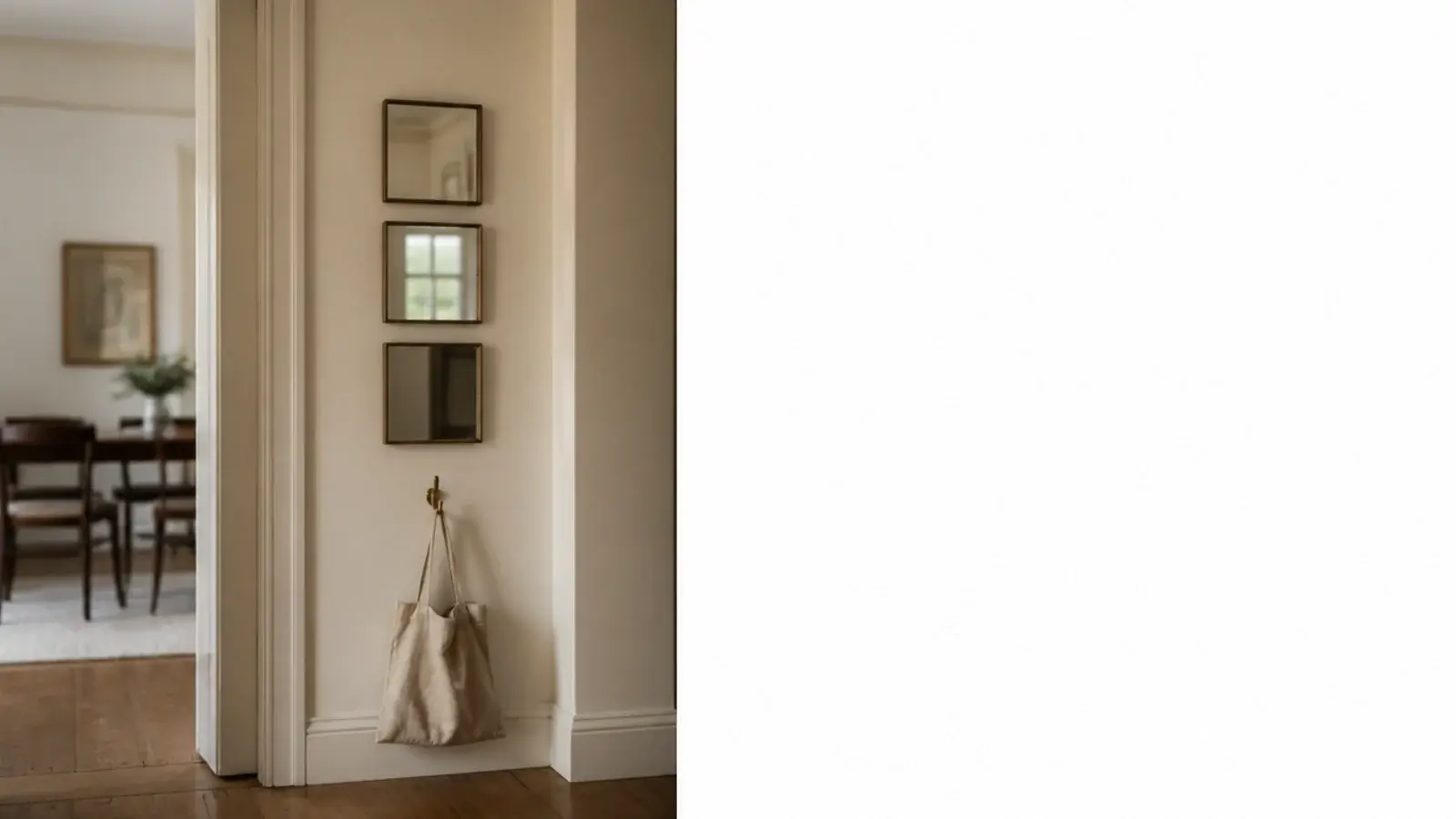 three mirrors stacked vertically in a narrow strip of wall