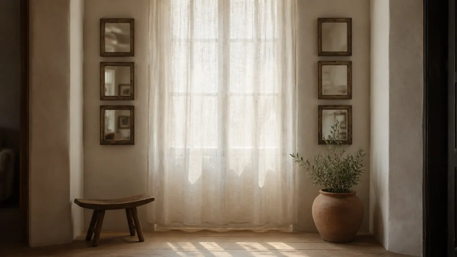 two vertical mirror columns arranged either side of a bright window