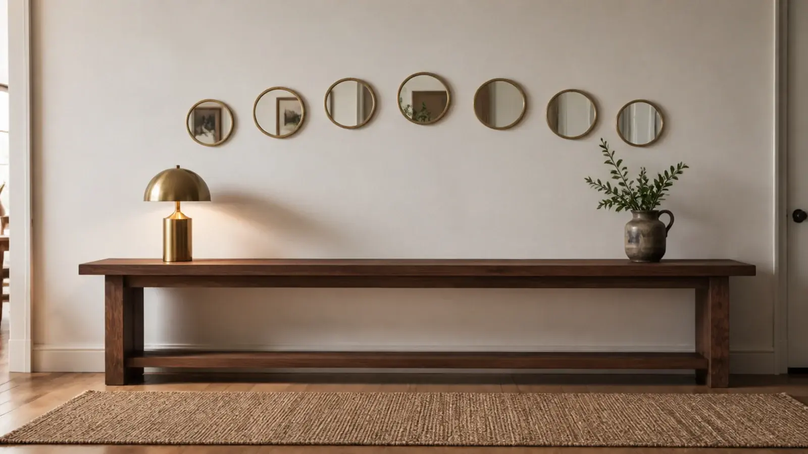 mirrors arranged in a shallow arc above a long entry console