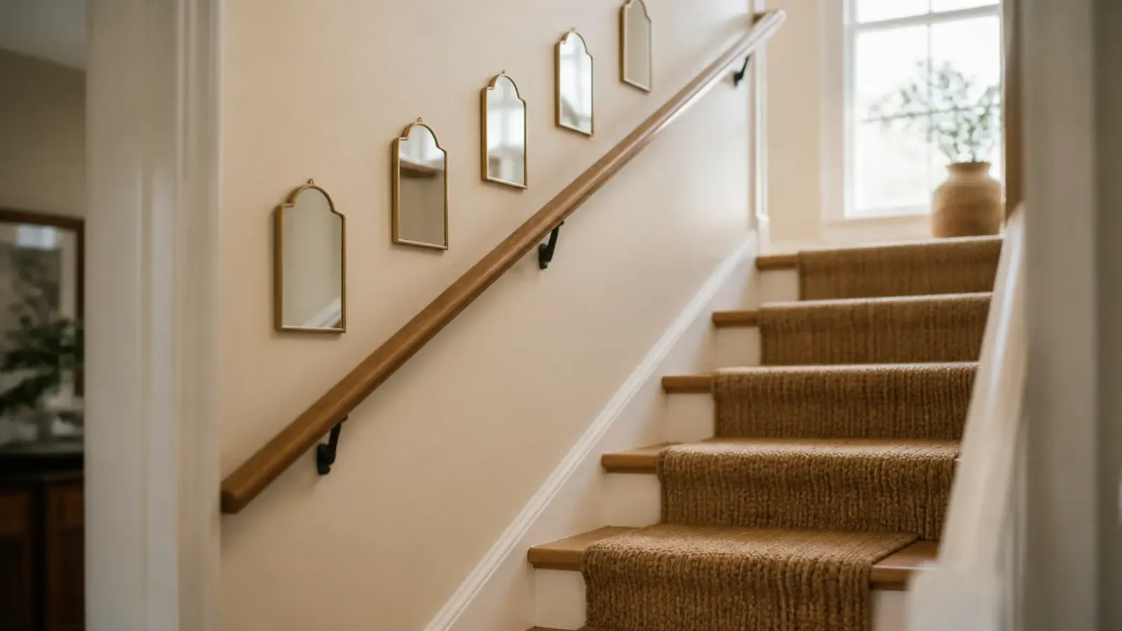 mirrors stepping diagonally up a staircase wall in even increments