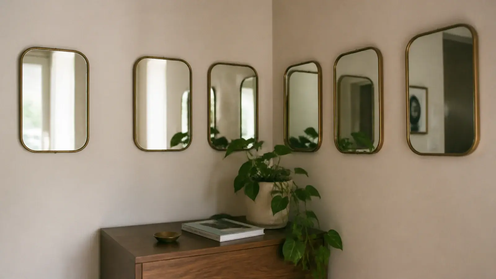 mirror cluster continuing around an inside corner of two walls