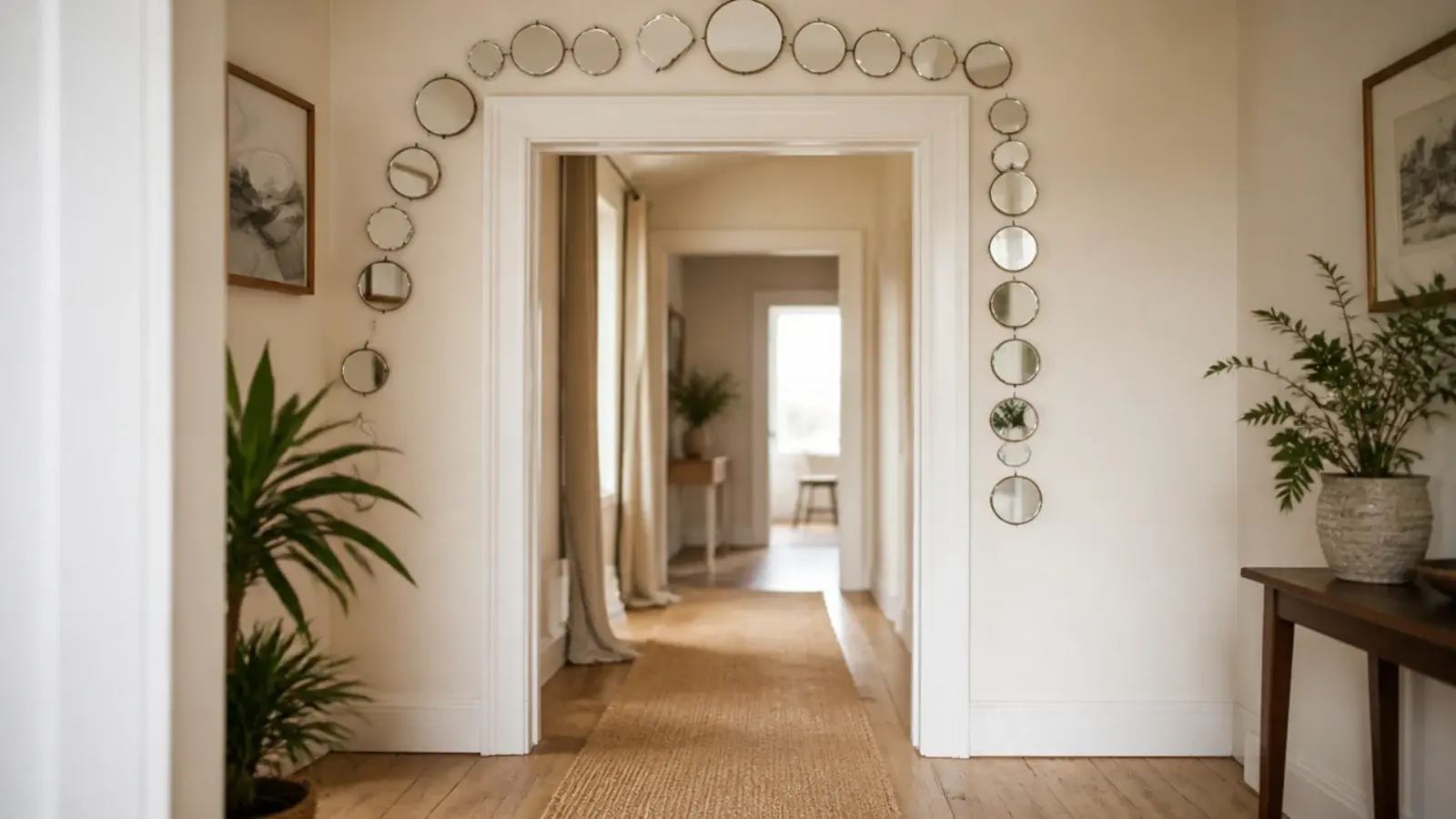 small mirrors arched over the top corners of a cased doorway
