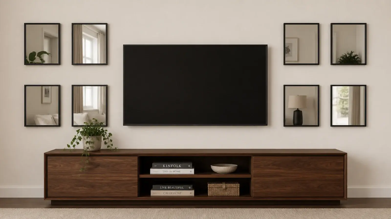 small mirrors arranged around a wall mounted television screen