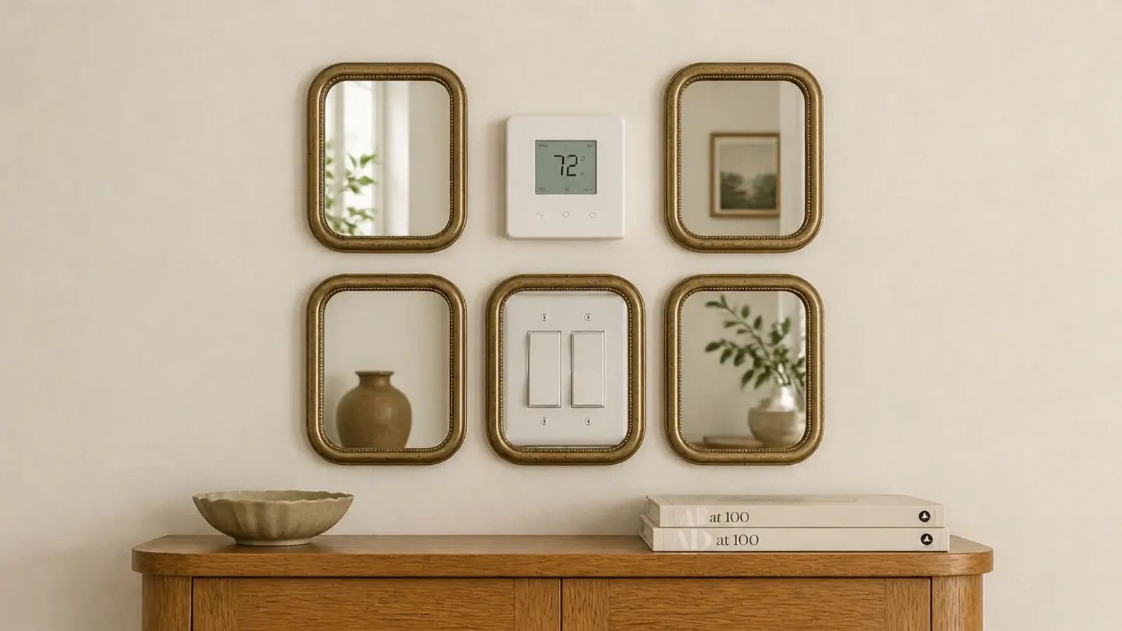 mirror cluster arranged to disguise a wall thermostat and switches