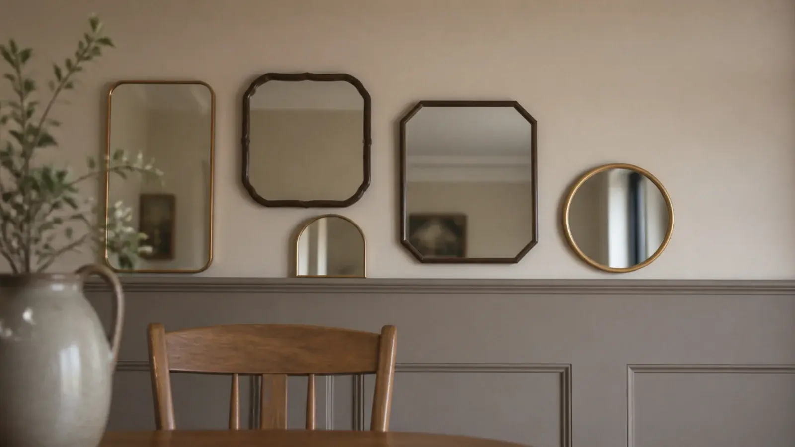 mirrors arranged above a painted chair rail on a dining wall