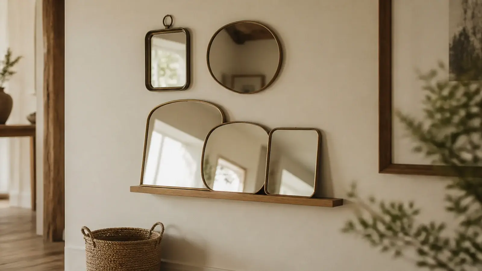 mirrors leaning on a narrow oak ledge with more hung above