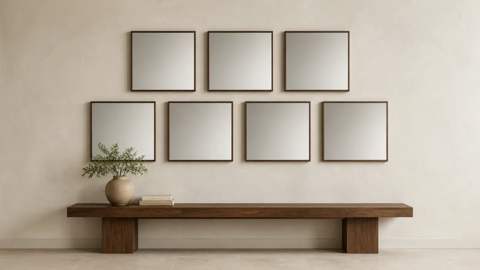 square mirrors arranged in an offset checkerboard pattern on plaster