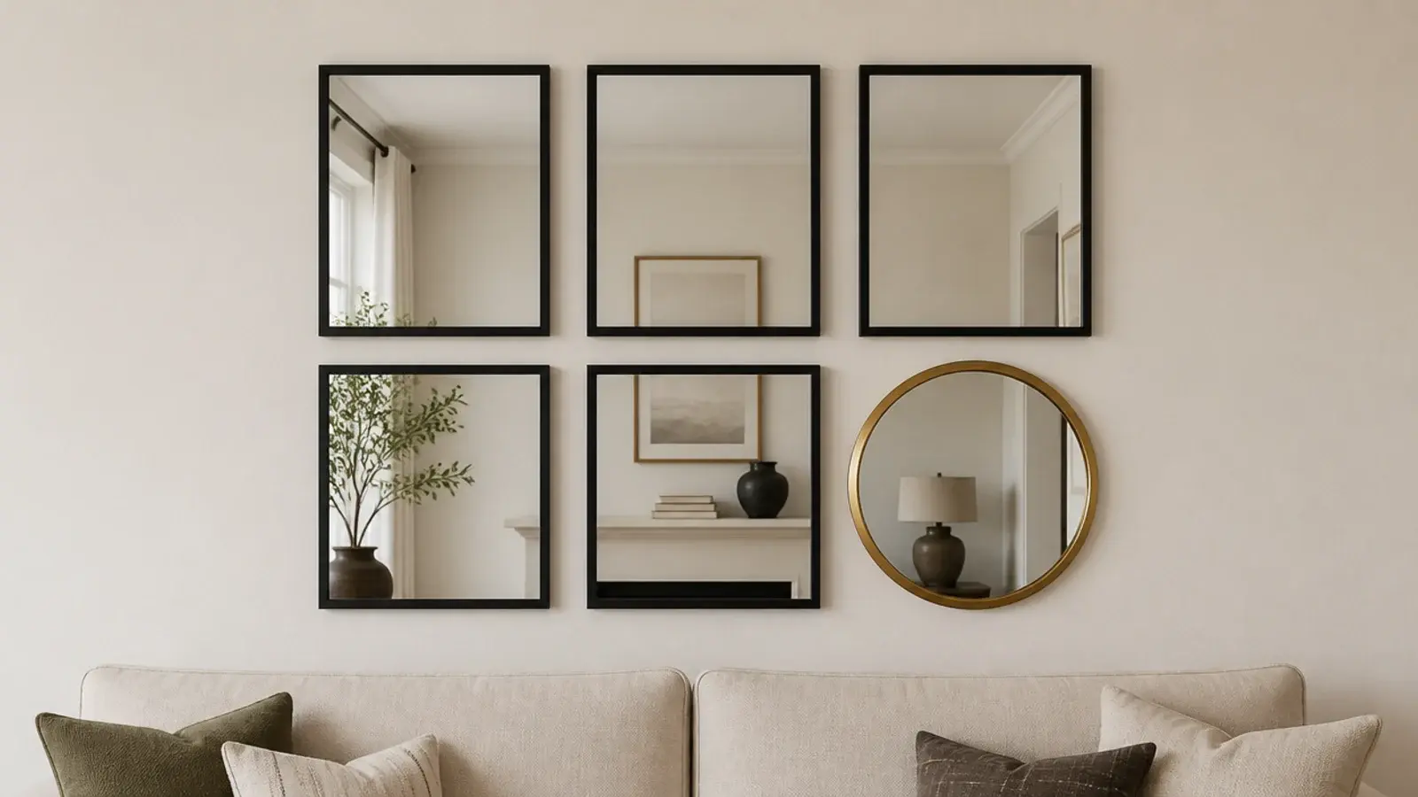 cluster of rectangular mirrors with a single round mirror included