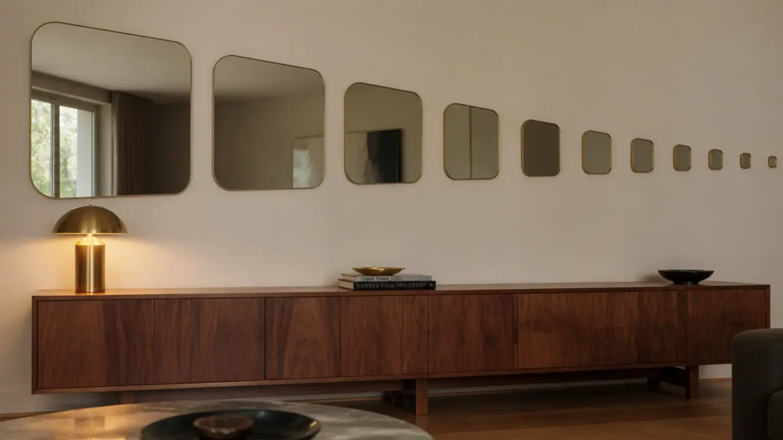 mirrors graduating from large to small across a wide wall