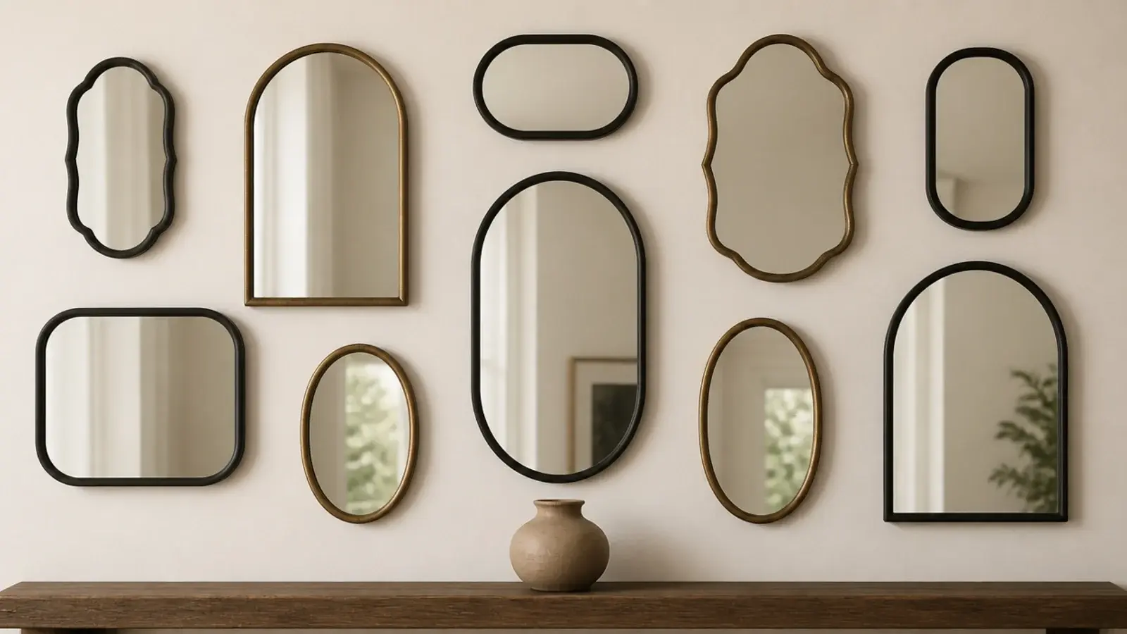 aged brass frames repeating at intervals across a mixed mirror cluster