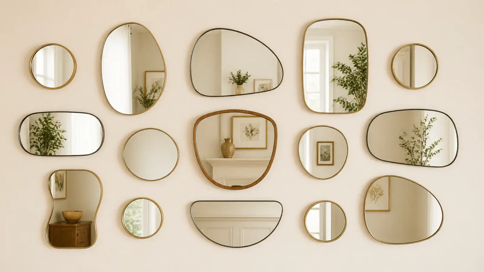 four identical small round mirrors scattered through a mixed cluster
