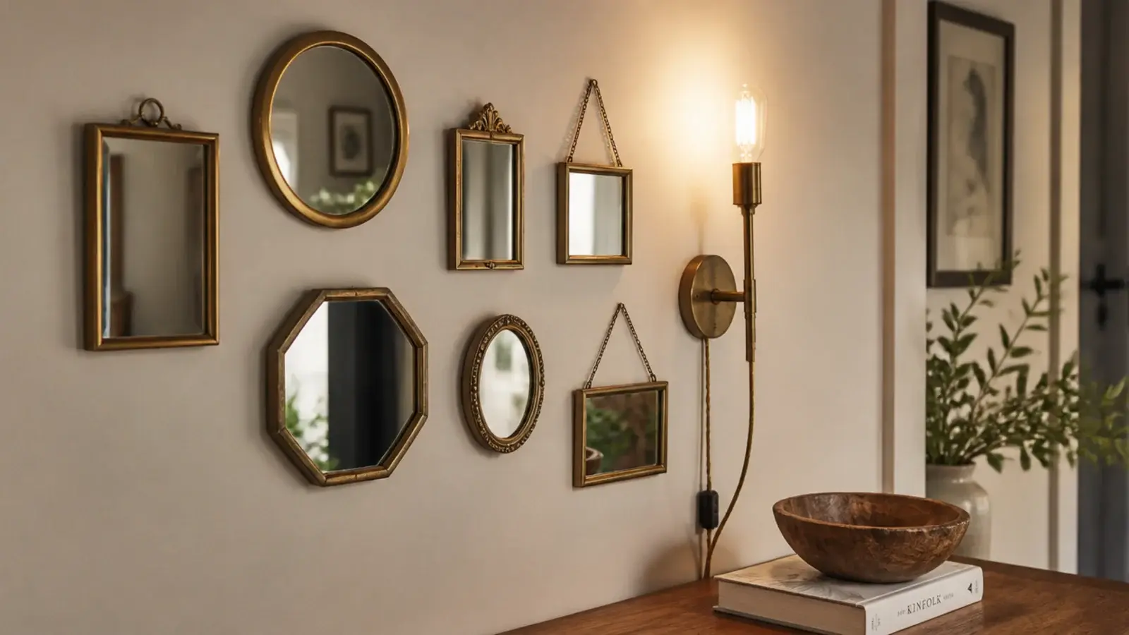 small brass sconce included within a wall cluster of mirrors