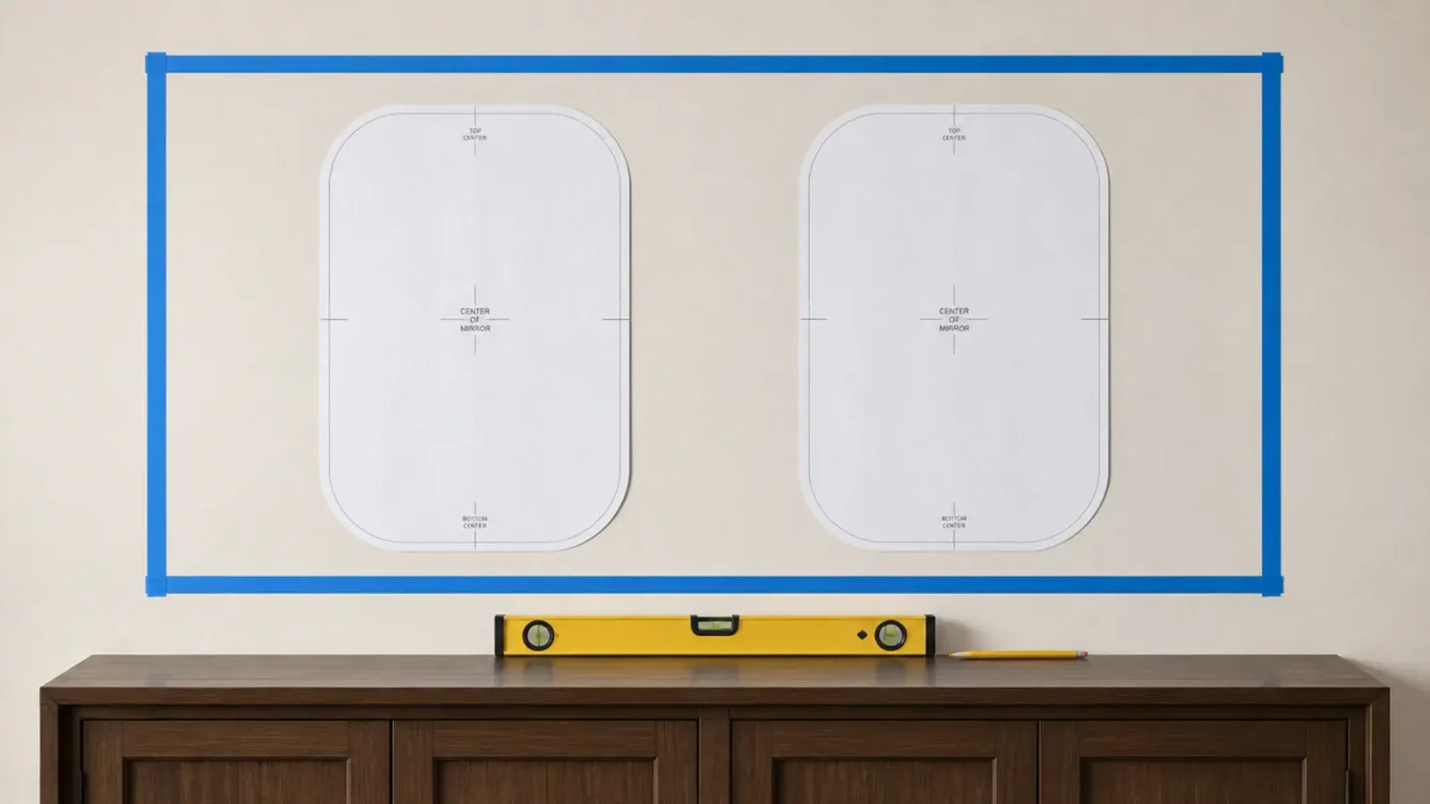 painter tape rectangle marking the outer boundary of a mirror cluster