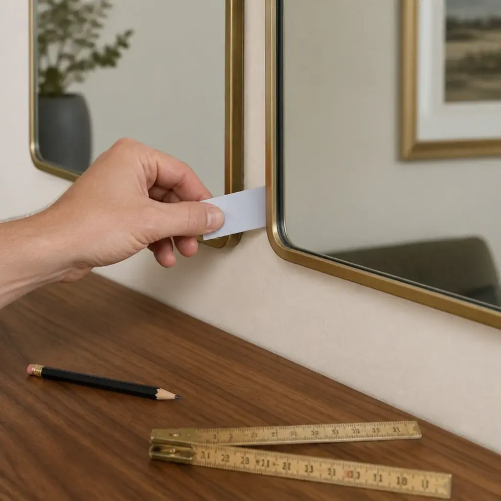 card spacer being slid between two hung mirrors on a wall