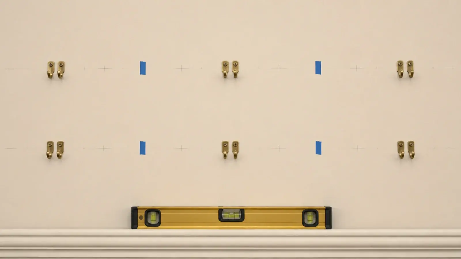pair of level hooks marked behind each mirror in a cluster