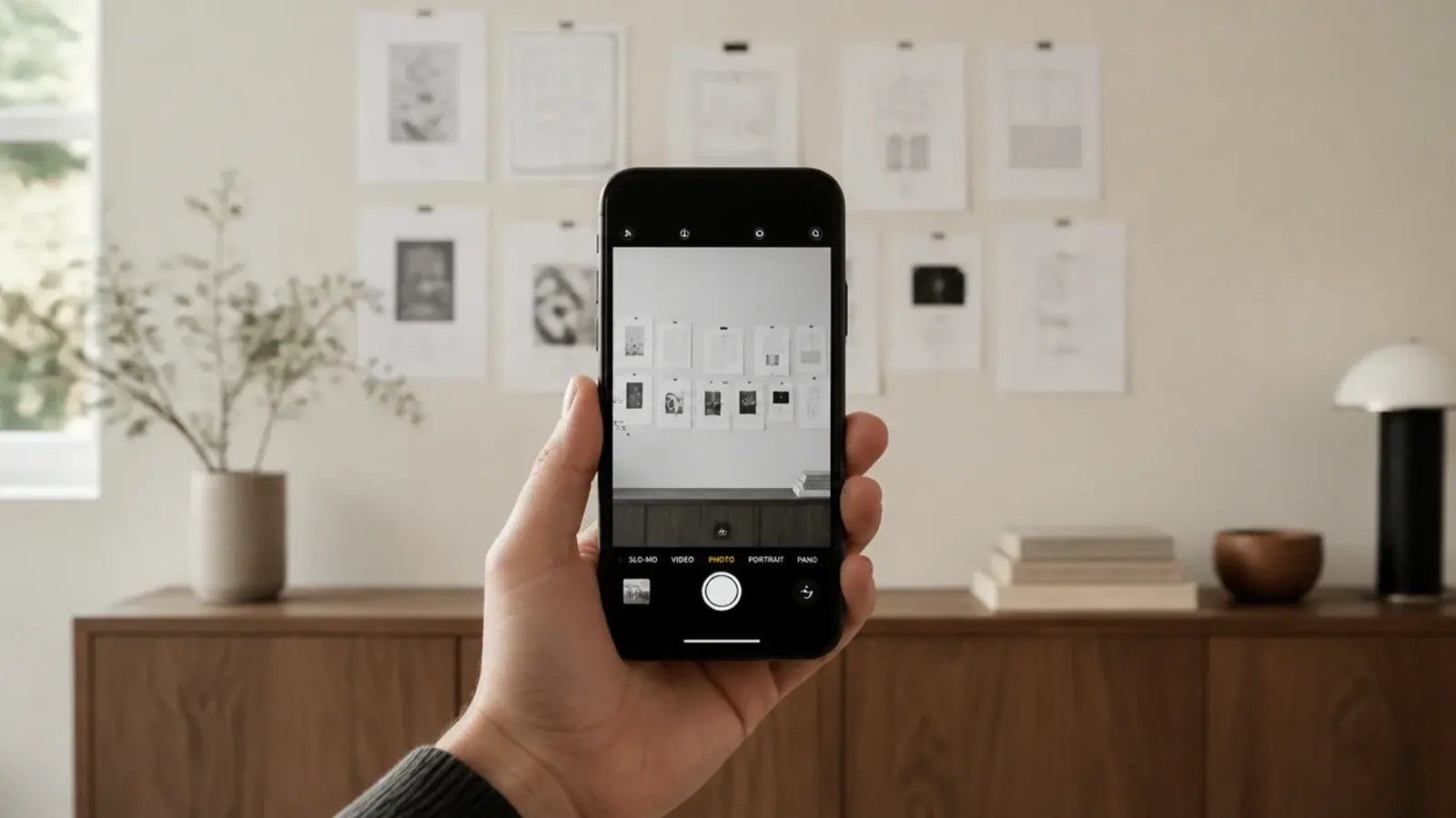 phone showing a greyscale photo of a planned mirror cluster wall