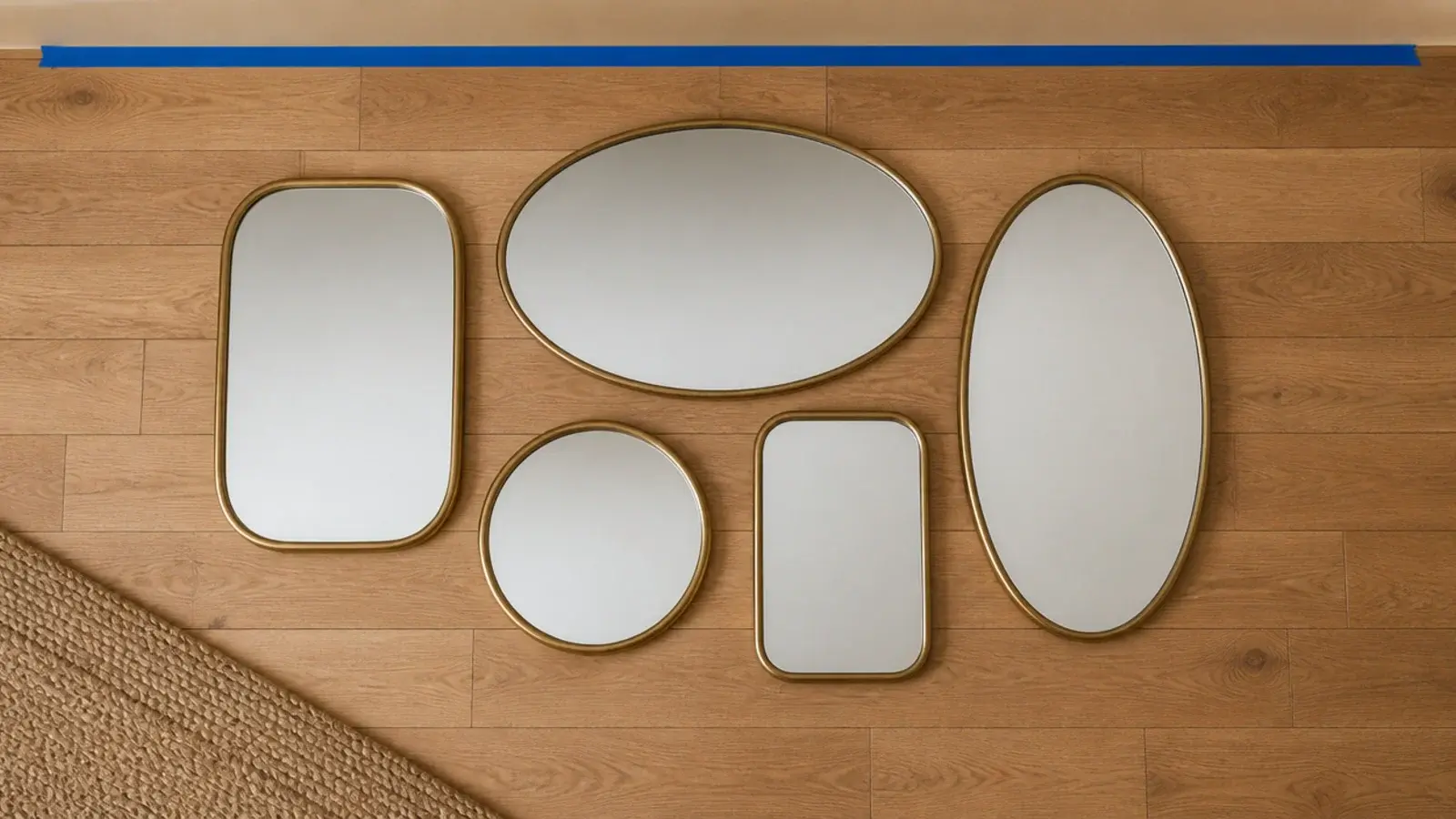 mirror cluster arranged on floorboards being photographed from above