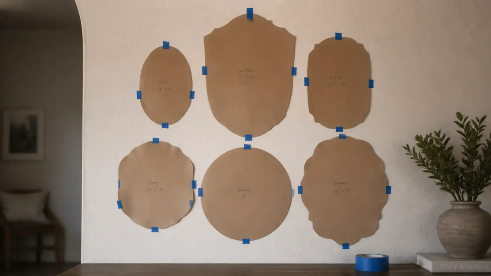 kraft paper mirror templates taped in a cluster on a cream wall